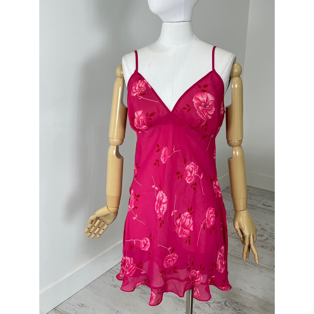 Avon Intimates Pink Floral Rose Sheer Slip Dress Ruffle Hem Large Hot Pink